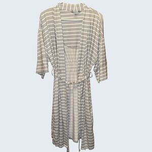 Maternity/ Postpartum Grey White Striped Knit Robe S/M Kimono Sleeve Tie Waist